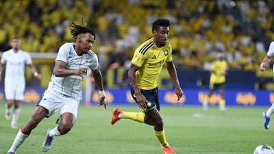 Al Nassr forward 21 Kingsley Coman vies for the ball at Al Awwal Park. AFP