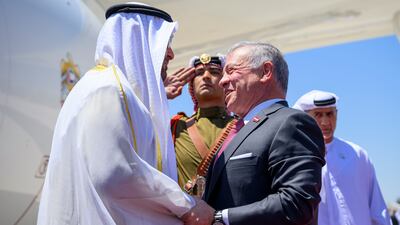 President Sheikh Mohamed is welcomed at Marka Airport in Amman by Jordan's King Abdullah II and Crown Prince Hussein on August 2. All photos: UAE Presidential Court