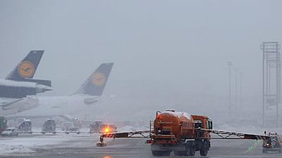 Several flights were on delay and cancelled due to heavy weather conditions in Frankfurt, Germany.