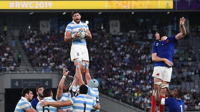 Argentina's number 8 Javier Ortega Desio (L) catches the ball in a line out during the Japan 2019 Rugby World Cup Pool C match between France and Argentina at the Tokyo Stadium in Tokyo. AFP