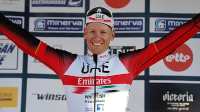 Pascal Ackermann celebrates on the podium after winning the 2022 Bredene Koksijde Classic. Photo: UAE Team Emirates / SprintCyclingAgency