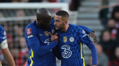 Chelsea's Hakim Ziyech celebrates scoring their second goal with Romelu Lukaku. Action Images