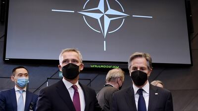 U. S. Secretary of State Antony Blinken, right, poses with NATO Secretary General Jens Stoltenberg during a an extraordinary NATO foreign ministers meeting at NATO headquarters in Brussels. AP