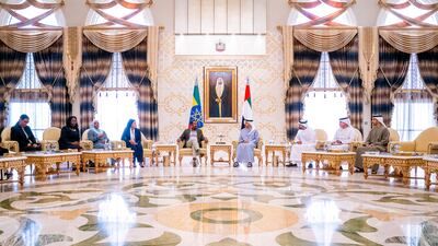 Sheikh Abdullah and Mr Abiy discussed friendship ties and cooperation between the UAE and Ethiopia. MOFAIC / Wam