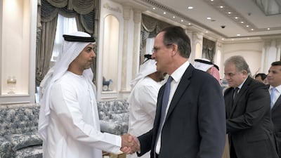Philip Parham, Ambassador of the UK to the UAE, offers condolences to Sheikh Omar bin Zayed, Deputy Chairman of the Board of Trustees of Zayed bin Sultan Al Nahyan Charitable and Humanitarian Foundation at Mushrif Palace on Monday. Omar Al Askar for Crown Prince Court - Abu Dhabi