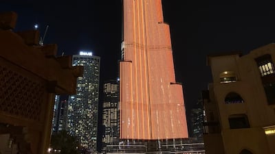 The Burj Khalifa is lit up in orange in solidarity with the United Nations campaign to eliminate violence against women. WAM