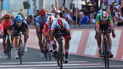 UAE Team Emirates Fernando Gaviria, second right, edged out Italy's Elia Viviani of Deceuninck-Quick-Step and Australian Caleb Ewan of Lotto Soudal in a bunch finish to win Stage 2 of the UAE Tour 2019. AFP
