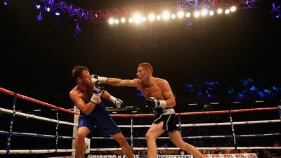 Tom Baker, right, and Ryan Clark in action during their Super-Middleweight Contest bout at The Copper Box in London. Harry Engels / Getty Images