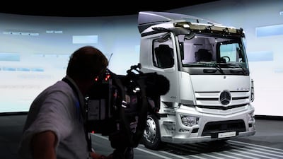 An electric e-Actros truck at Daimler Truck's annual shareholders meeting in Stuttgart, Germany. AFP