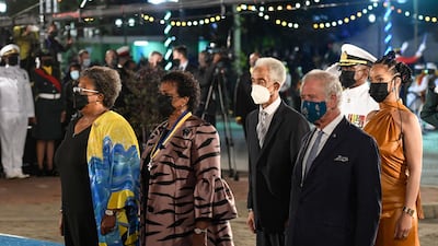 Prime Minister Mia Amor Mottley, President Dame Sandra Mason, Sir Garfield Sobers, Prince Charles and Rihanna at the ceremony. AFP