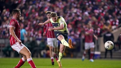 Manchester City's Kevin de Bruyne scores their side's third goal. PA