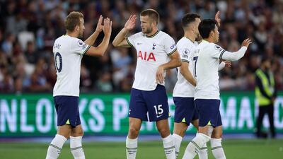 Tottenham's Harry Kane celebrates with Eric Dier after Kehrer's own goal. Getty