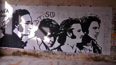The graffiti painted on the walls of a hall at the Beatles ashram, as the former ashram of the self-styled guru Maharishi Mahesh Yogi is known, in Rishikesh. AFP photo