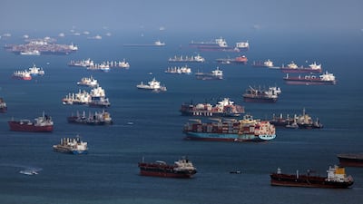 Container ships and bulk carriers off Singapore in February, 2024. Bloomberg