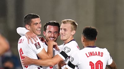 England's Ben Chilwell celebrates scoring the first goal against Andorra at Estadi Nacional. PA