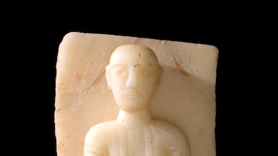 Stele representing a man with dagger, 1st-3rd century BCE, Calcite alabaster, 57 vó 30 cm, Qaryat al-Faw Riyadh, Department of Archaeology Museum, King Saudi University. Courtesy Saudi Commission for Tourism and National Heritage