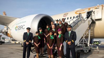 Etihad crew get ready to fly the world's first ultra-long-haul, plastic-free flight to Brisbane. Courtesy Etihad Airways