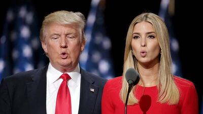 Republican presidential candidate Donald Trump and his daughter Ivanka Trump test the teleprompters and microphones on stage before the start of the fourth day of the Republican National Convention. Chip Somodevilla / Getty Images / AFP