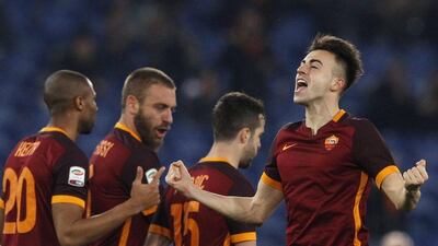 AS Roma’s Stephan El Shaarawy, right, celebrates with teammates after scoring in their Serie A win over Frosinone on Saturday. Riccardo De Luca / AP / January 30, 2016