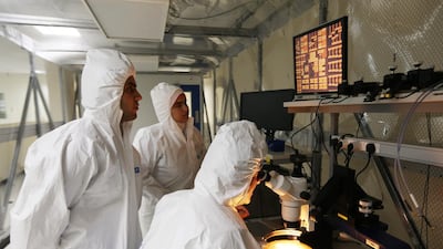 Electrical engineering students at the Microwave Imaging and Nondestructive Evaluation Laboratory at American University of Sharjah in Sharjah. Pawan Singh / The National