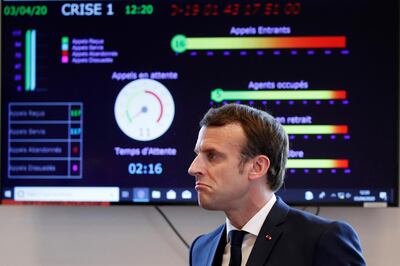 French President Emmanuel Macron visits the Crisis and Support Center at French Foreign Affairs ministry at Quai D'Orsay in Paris, France, April 3, 2020. Reuters