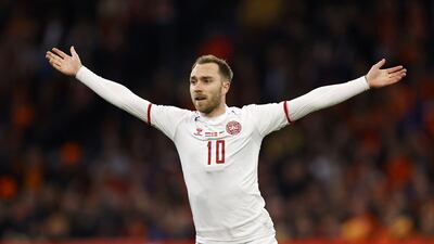 Christian Eriksen celebrates after for Denmark against the Netherlands. AFP