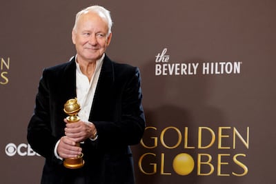 Stellan Skarsgard with his Golden Globe for Best Performance by a Male Actor in a Supporting Role in any Motion Picture for Sentimental Value. Reuters