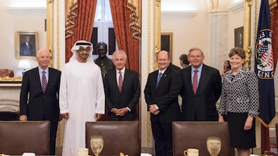 US Senator Ben Cardin, far left, with UAE President Sheikh Mohamed, then Crown Prince of Abu Dhabi, before a Capitol Hill lunch with other senators. Rashed Al Mansoori / Crown Prince Court Abu Dhabi