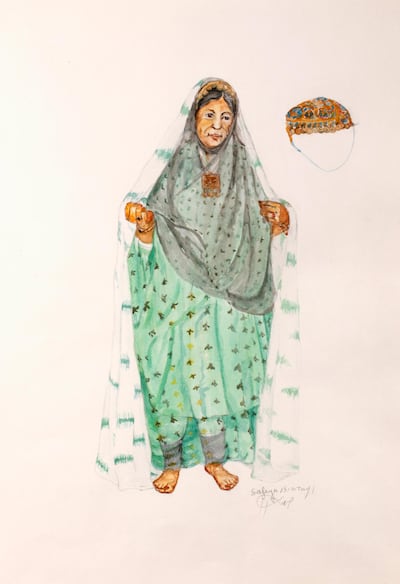 Binzagr's watercolour of an Al Qatif costume from the eastern region of Saudi Arabia