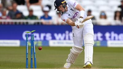 England batter Matthew Potts is bowled by New Zealand's Trent Boult for three. Getty