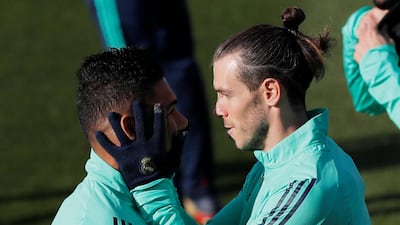 Real Madrid's Gareth Bale and Casemiro during training. Reuters