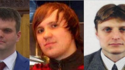 Cyber crime suspects (l-r) Dmitry Dokuchayev, Alexei Belan and Igor Sushchin. Photo: FBI