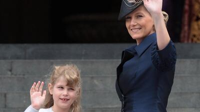 Sophie, in navy tailoring, and Lady Louise Windsor leave a Service of Thanksgiving at St Paul's Cathedral in June 2012, London. Getty Images