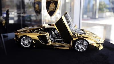 A gold and gem encrusted prototype model Lamborghini Aventador built in Germany by Robert Wilhelm Gulpen is on display at the Lamborghini showroom in Deira, Dubai. Sarah Dea / The National