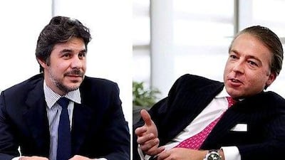 Matteo Legler, the chief operating officer at ADS Securities, left, and Claus Nouveau-Nikolajsen, the head of Global Markets, speak during an interview in Abu Dhabi. Fatima Al Marzooqi / The National