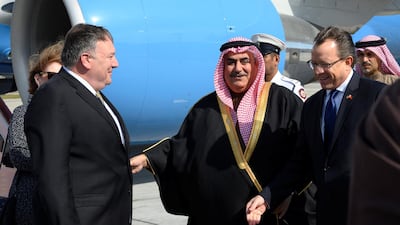US Secretary of State Mike Pompeo is greeted by Bahraini Foreign Minister Khalid bin Ahmed Al Khalifa at Manama International Airport on January 11, 2019. via Reuters