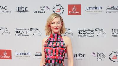 Cate Blanchett poss during the opening night of the Dubai International Film Festival. Satish Kumar / Reuters.