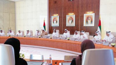 The UAE Cabinet review the country's response to the global coronavirus outbreak during a meeting on Tueday. Courtesy Sheikh Mohammed bin Rashid Twitter