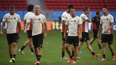 From right, Kevin Mirallas, Adnan Januzaj and Eden Hazard attend a training session on Friday with Belgium ahead of their Saturday match against Argentina at the 2014 World Cup in Brazil. Martin Bureau / AFP / July 4 , 2014