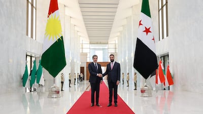 Ahmad Al Shara with Nechirvan Barzani, who said there is 'significant potential to expand economic co-operation'. Photo: Syria Presidency / X