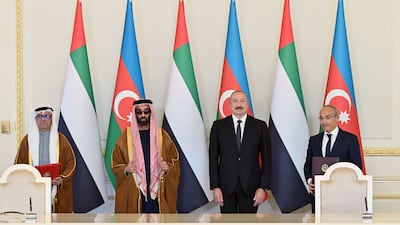 Sheikh Tahnoon bin Zayed, Deputy Ruler of Abu Dhabi and National Security Adviser, and Ilham Aliyev, President of Azerbaijan, were among those who attended the signing of a partnership agreement between L'imad and Azerbaijan Investment Holding. Photo: L’imad