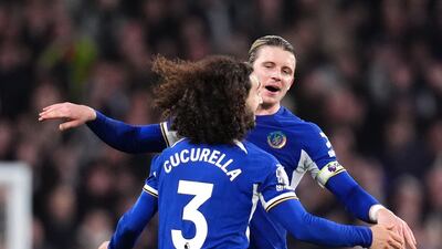 Chelsea's Conor Gallagher and Marc Cucurella celebrate after the Premier League match at Stamford Bridge. PA