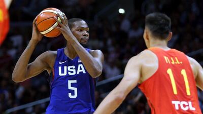 USA player Kevin Durant shown in action against China in a pre-Olympics warm-up match on Sunday. Mike Nelson / EPA / July 24, 2016