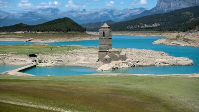 The Church of Asuncion of Mediano, normally submerged almost entirely in the Mediano reservoir, is now visible due to drought in Huesca province, Spain. AFP