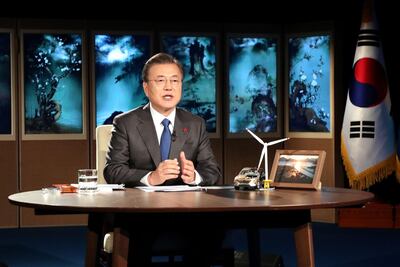 South Korean President Moon Jae-in addresses the World Economic Forum on Wednesday. AFP