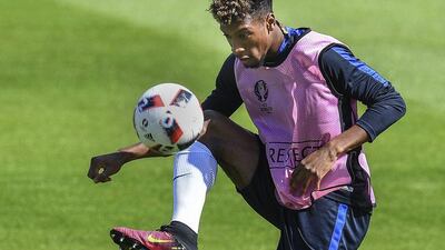 France forward Kingsley Coman performs during his team’s training session at the team base in Clairefontaine-en-Yvelines, France, 02 July 2016. France will face Iceland in the Uefa Euro 2016 quarter-final match in Saint-Denis on 03 July 2016. Georgi Licovski / EPA