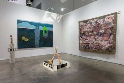 A painting by Moroccan artist Youssra Raouchi, left, at Catinca Tabacaru Gallery and Nome's booth at Art Basel Hong Kong. Photo: Catinca Tabacaru Gallery and Nome
