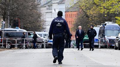 Police on Thursday cordoned off the Beth Zion synagogue in Berlin where a commemoration service was taking place. Reuters