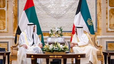 President Sheikh Mohamed, left, with Sheikh Meshal, Emir of Kuwait at Bayan Palace. All photos: UAE Presidential Court