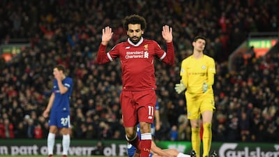 Mohamed Salah's muted celebration after scoring his side's first goal during the Premier League match between Liverpool and Chelsea. Shaun Botterill/Getty Images